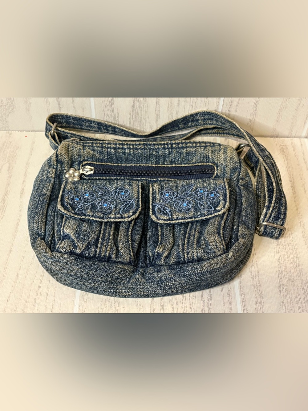 Acid-washed Denim jean purse  bag vintage Y2K Embroidered 90’s